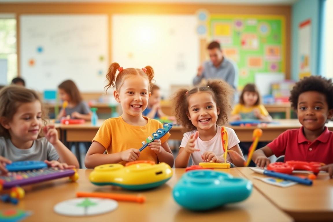 Music education classroom with interactive instruments